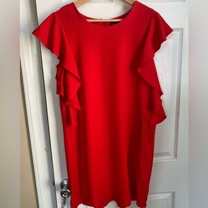 bobeau Bright Red Ruffle Sleeve Midi Dress size small crepe